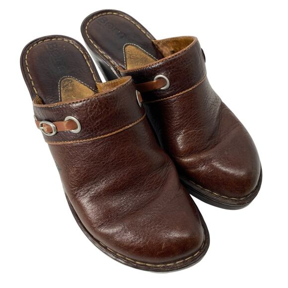 Born Dark Brown Leather High Wedge Mules Shoes W6162 B6 Women size 7 - Picture 1 of 16